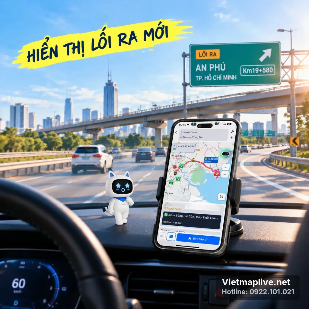 Ứng dụng VietMap Live hiển thị lối ra Km19+580 trên điện thoại