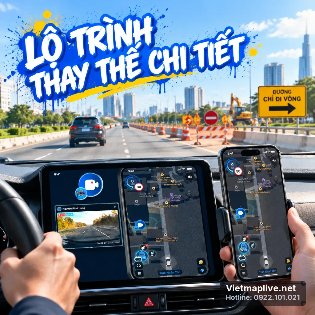 Tài xế sử dụng ứng dụng VietMap Live để theo dõi lộ trình thay thế khi cầu Xây bị cấm.