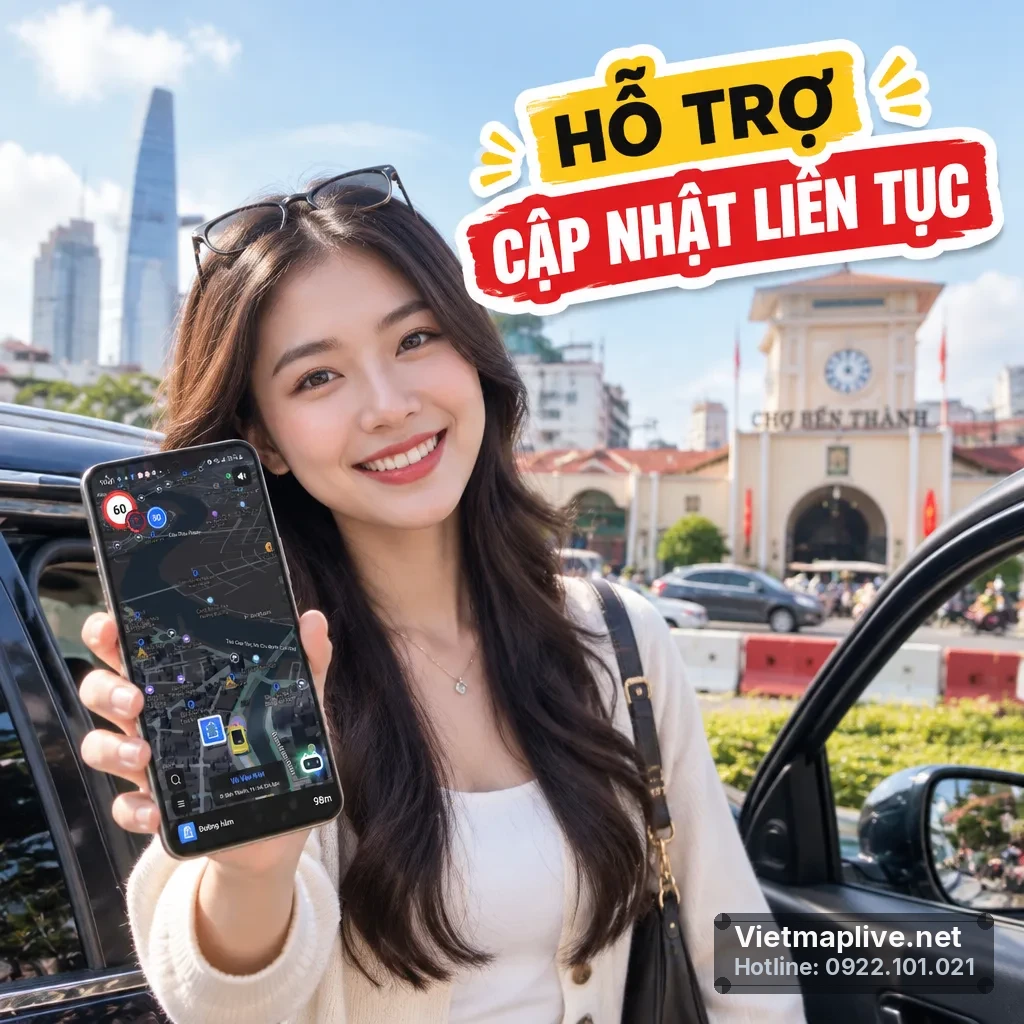 Màn hình xe hơi hiển thị bản đồ dẫn đường VietMap Live với cảnh báo phân luồng cầu Xây.