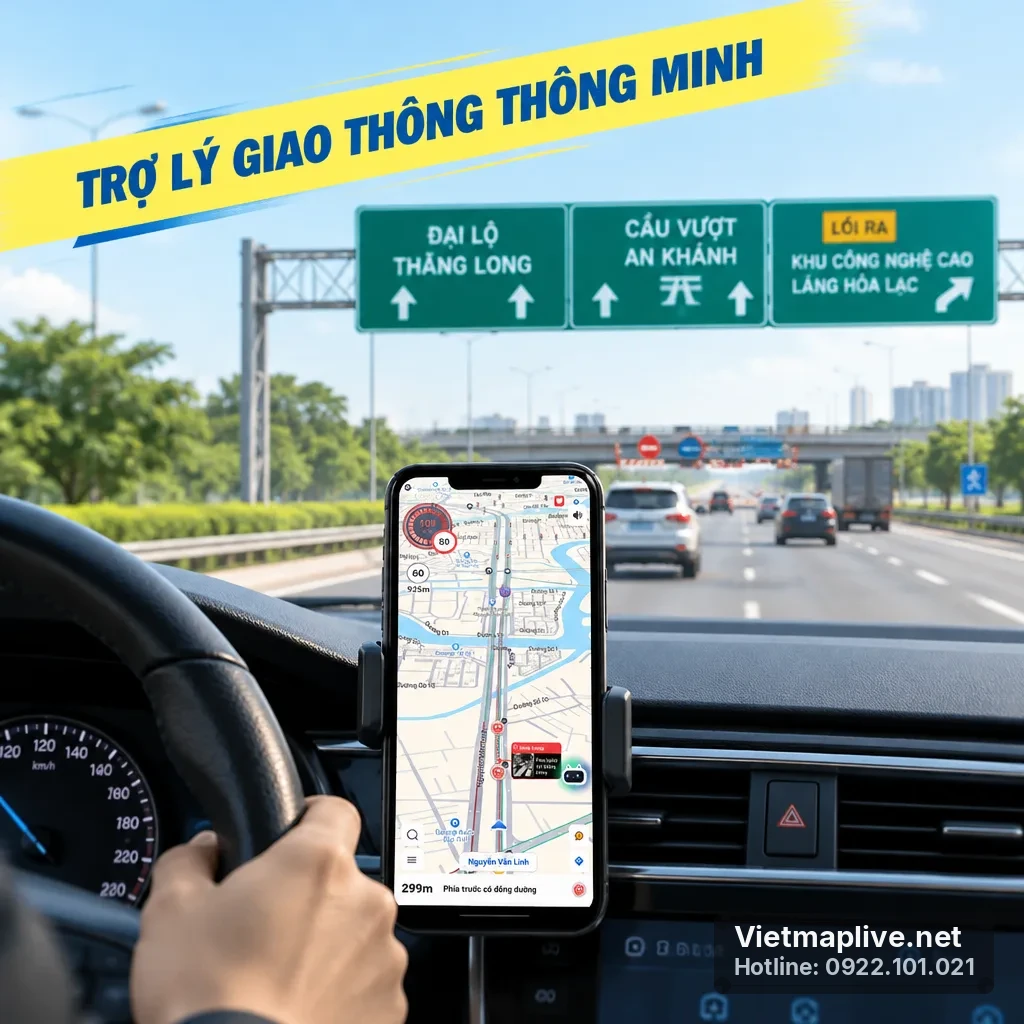 Tài xế cầm điện thoại với ứng dụng VietMap Live hiển thị đường tránh cầu Xây đang thi công.