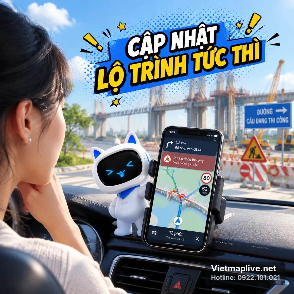Ứng dụng VietMap Live hiển thị lộ trình thay thế qua cầu Cậy
