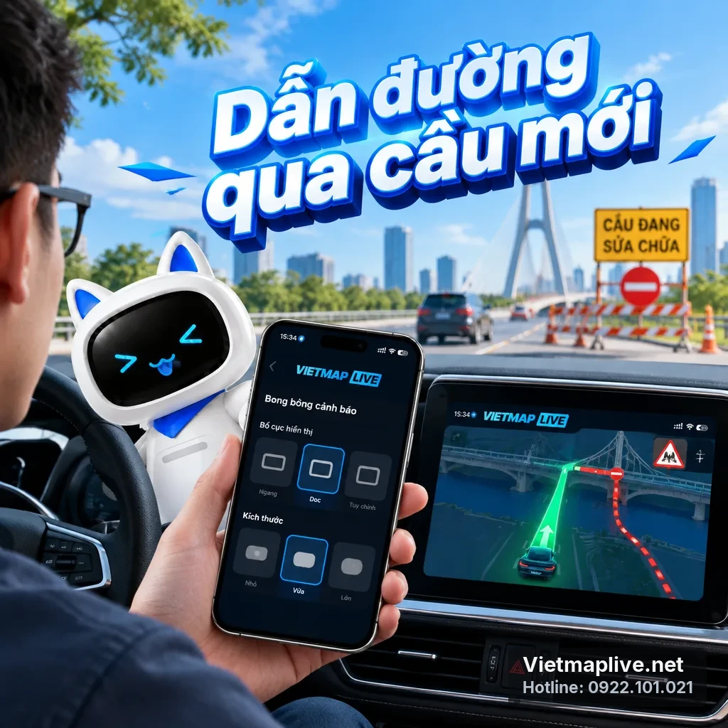 Màn hình xe hiển thị lộ trình qua cầu Cậy mới