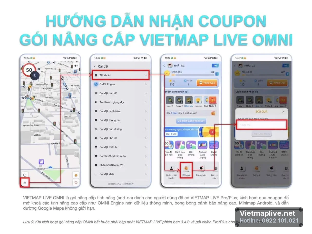 Hướng dẫn đổi quà và nhập mã coupon VietMap Live OMNI