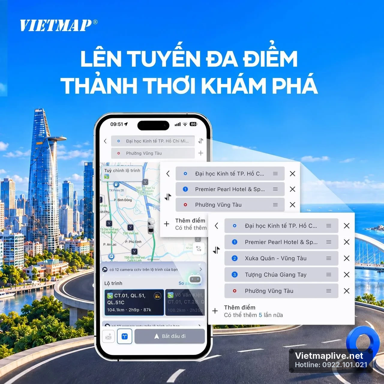 Giao diện VietMap Live hiển thị lộ trình đa điểm