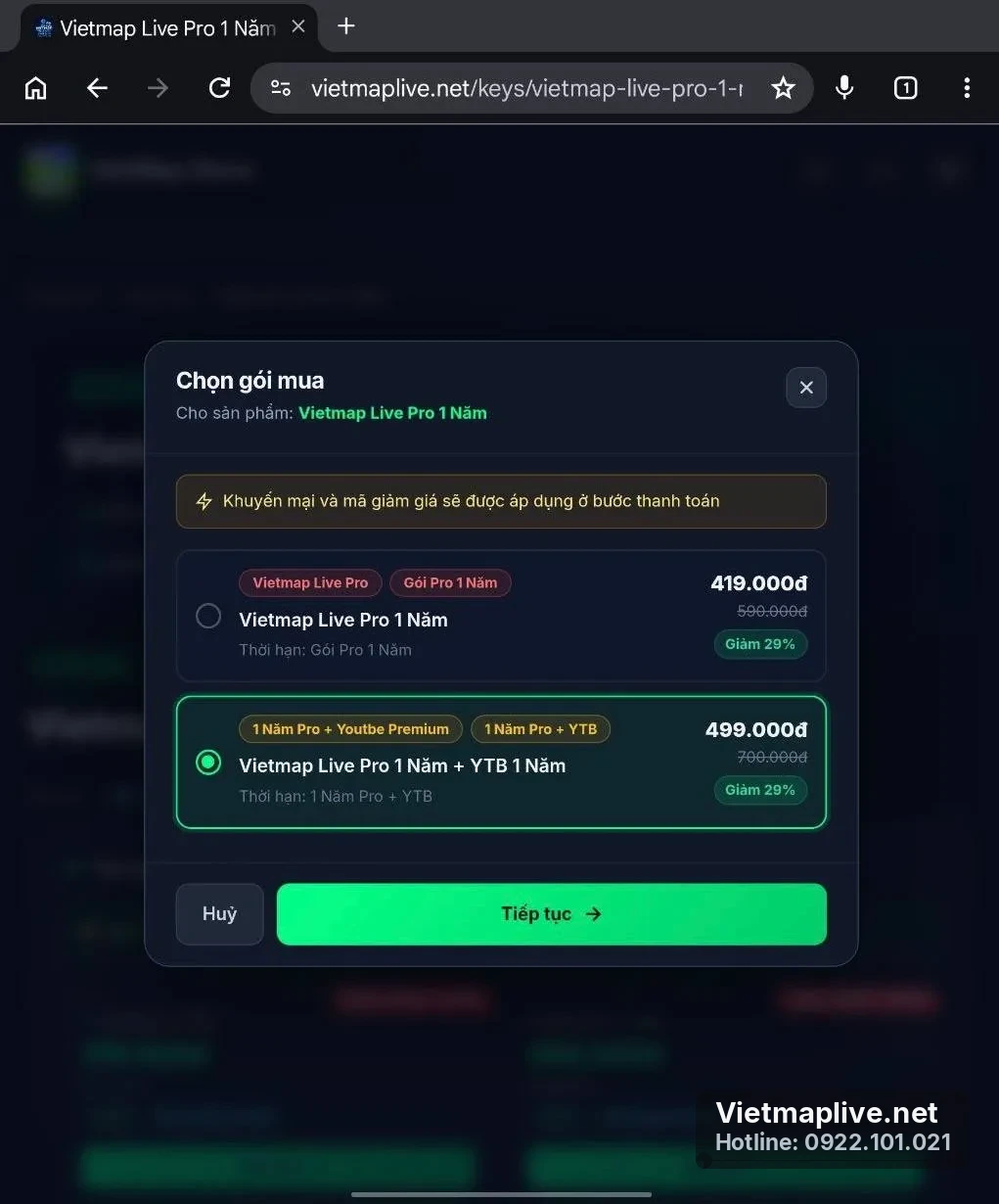 Chọn gói VietMap Live Pro 1 năm và gói kèm YouTube Premium