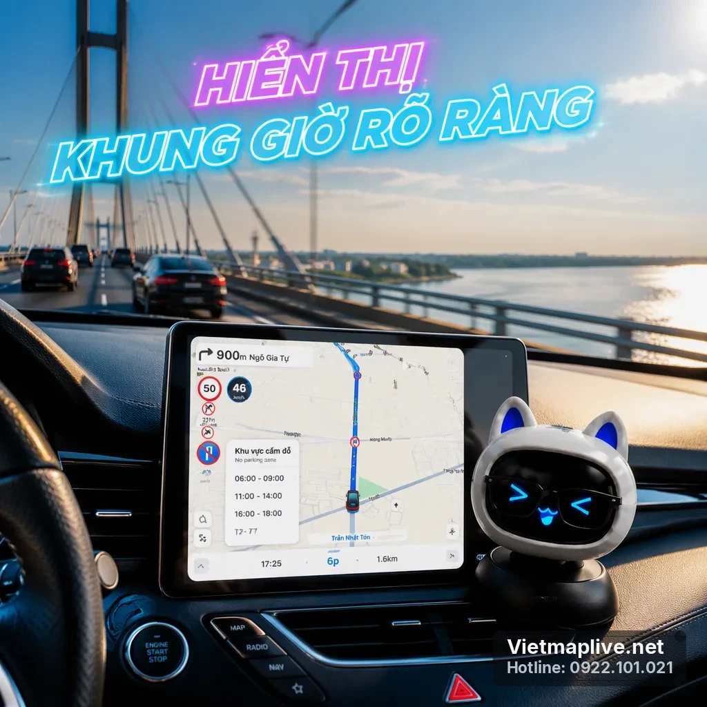 Màn hình xe với cảnh báo biển cấm dừng đỗ theo giờ