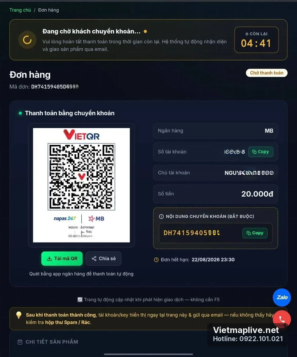 Thanh toán bằng mã VietQR để nhận key VietMap Live trong 10 giây