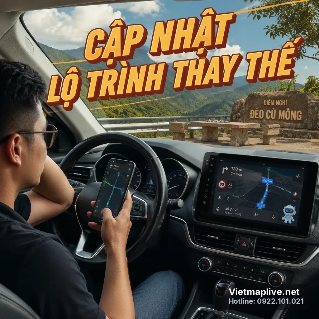 Giao diện VietMap Live hiển thị lộ trình thay thế trên màn hình xe