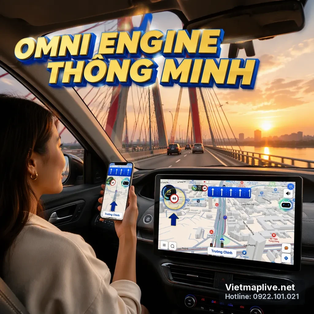 Màn hình xe hiển thị tính năng OMNI Engine dẫn đường không gián đoạn ngay cả khi mất sóng.