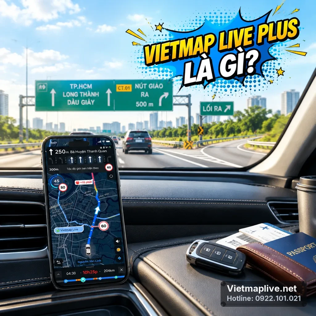 Màn hình điện thoại hiển thị ứng dụng dẫn đường VietMap Live Plus